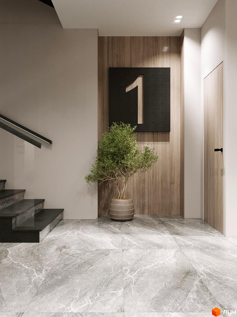 Інтер'єр холу в ЖК Globus Elite 2 з мармуровою підлогою, дерев'яними панелями на стінах, рослиною в горщику та сходами.