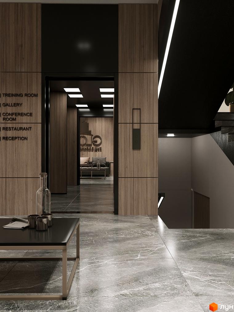 Інтер'єр холу в Будівельному проєкті Globus Elite 2. Стіни з дерев'яними панелями, чорні акценти, скляні двері, мармурова підлога, столик з металевим каркасом.