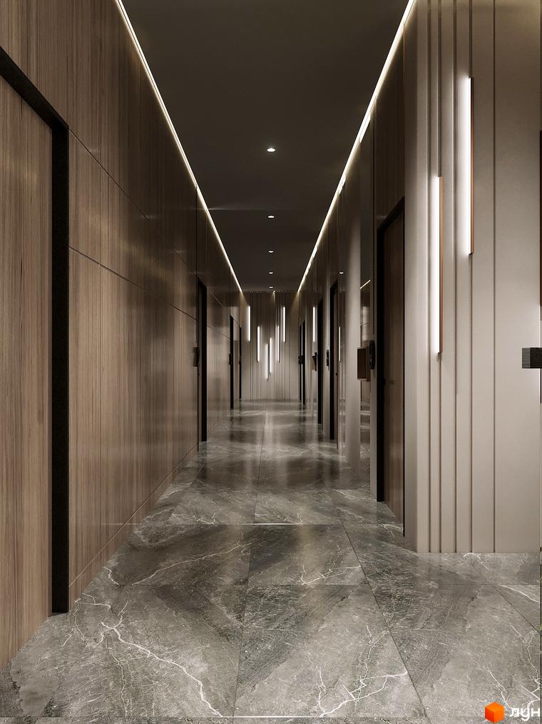 Коридор в ЖК Globus Elite 2 з дерев'яними панелями на стінах, мармуровою підлогою та лінійним освітленням.