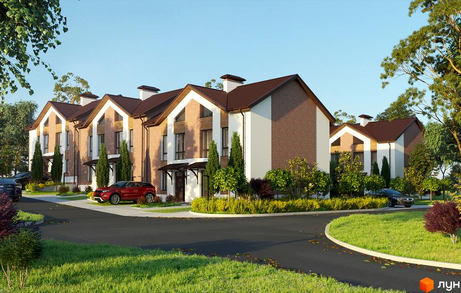 Зображення житлового комплексу Dream Town. Цегляні будинки з білими стінами та коричневим дахом, з доглянутою прибудинковою територією та дорогою.