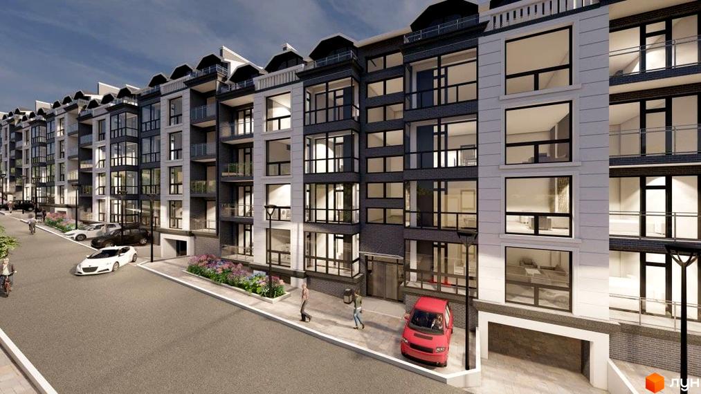 Житловий комплекс Престижний дім: будинок з сіро-білим фасадом, великими вікнами та балконами. Територія має дорогу, парковки та озеленення.