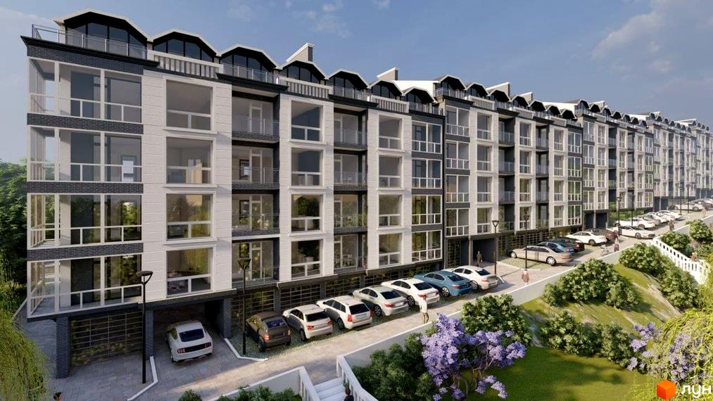 Будівельний проєкт Престижний дім: багатоповерховий будинок з балконами та паркінгом, оточений зеленню та квітами.