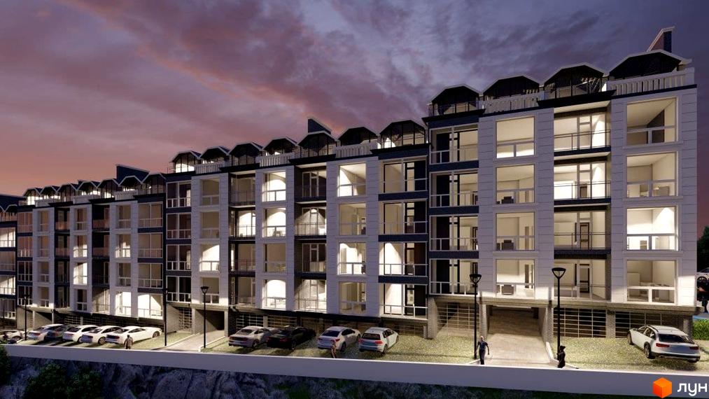 Новобудова Престижний дім з великими вікнами та балконами, парковка з автомобілями біля будинку.