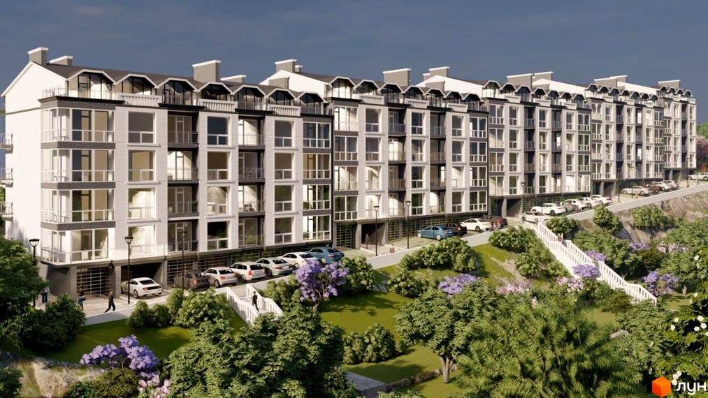 Житловий комплекс Престижний дім - фасади будівель з великою кількістю вікон та балконів, зелена прибудинкова територія зі сходами та квітами.