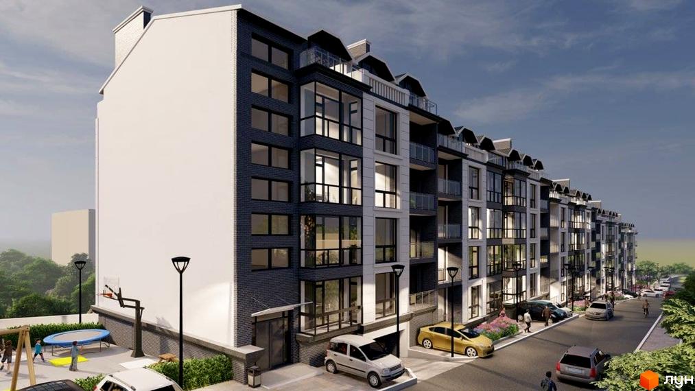 Зовнішній вигляд новобудови ЖК Престижний дім з балконами та панорамними вікнами. Прибудинкова територія з дитячим майданчиком та парковкою.