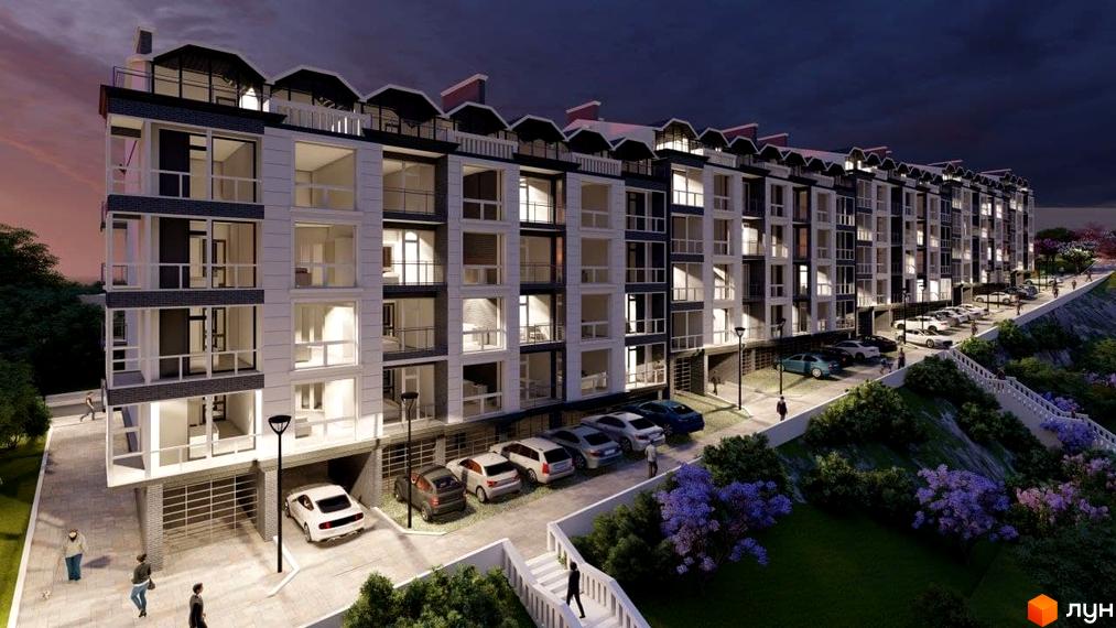 Житловий комплекс Престижний дім з фасадами білого та сірого кольору, великими вікнами та балконами. На прибудинковій території розташовані парковка, зелені насадження та пішохідні доріжки.