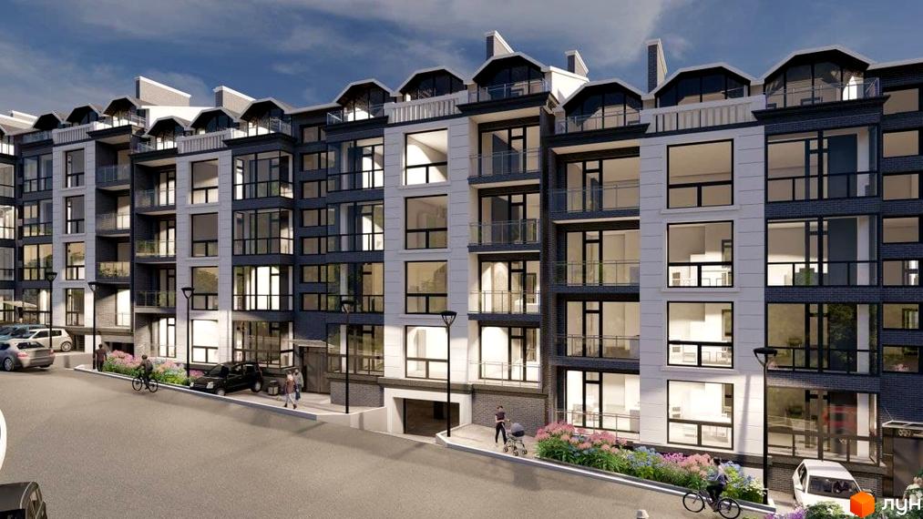 Новобудова ЖК Престижний дім з сірими та білими фасадами, великими вікнами та балконами. Біля будинку розташовані доглянуті клумби та припарковані автомобілі.