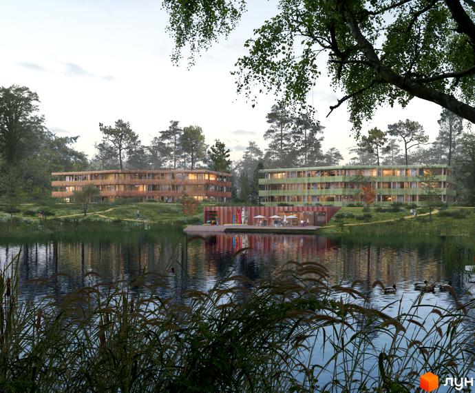 Зображення житлового комплексу O2 City Village біля озера з будівлями з дерев'яними фасадами та зоною відпочинку.