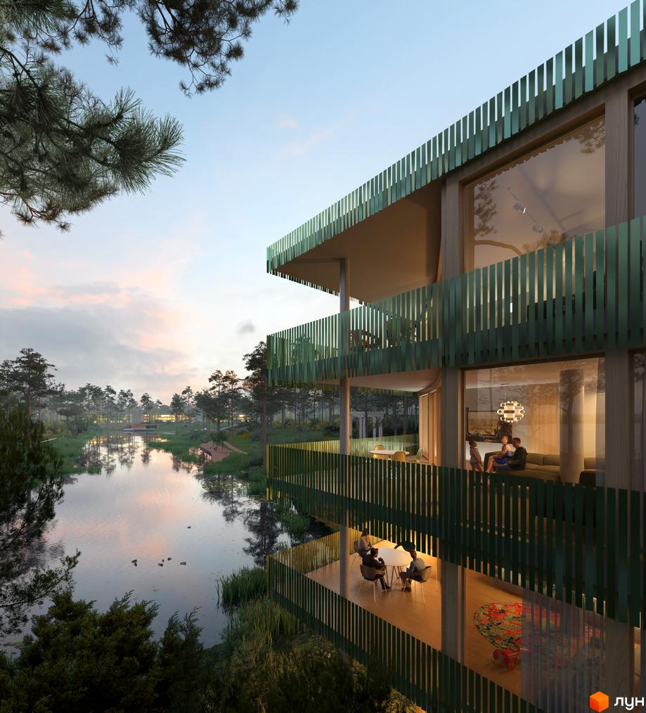 Зображення сторінки житлового комплексу O2 City Village. Багаторівневий будинок з панорамними вікнами та балконами, розташований біля водойми.