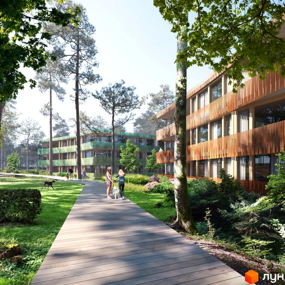 Житловий комплекс O2 City Village з дерев'яними фасадами в оточенні зелені. Пішохідна алея та доглянута прибудинкова територія.