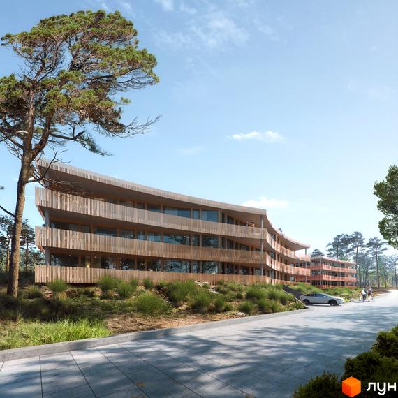 Вид на будівлю житлового комплексу O2 City Village з деревʼяним фасадом та прилеглою територією з рослинністю та дорогою.