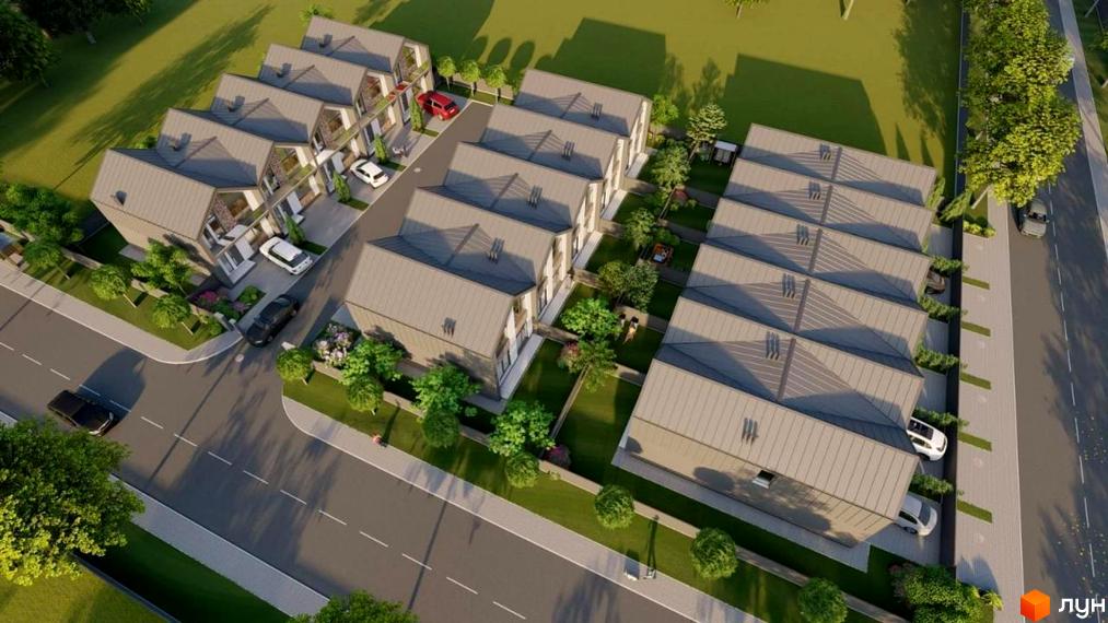 Зображення житлового комплексу таунхаусів Vasylkivska з сірими дахами та доглянутою прибудинковою територією з зеленими насадженнями.