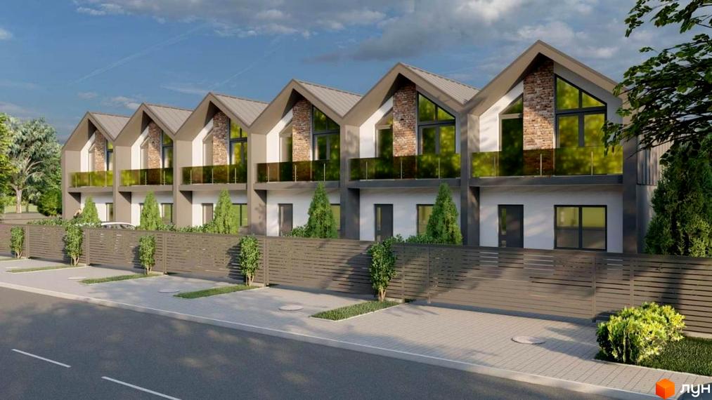 Зображення таунхаусів Vasylkivska з сірими дахами та скляними балконами, огороджених парканом. На передньому плані асфальтована дорога та тротуар.