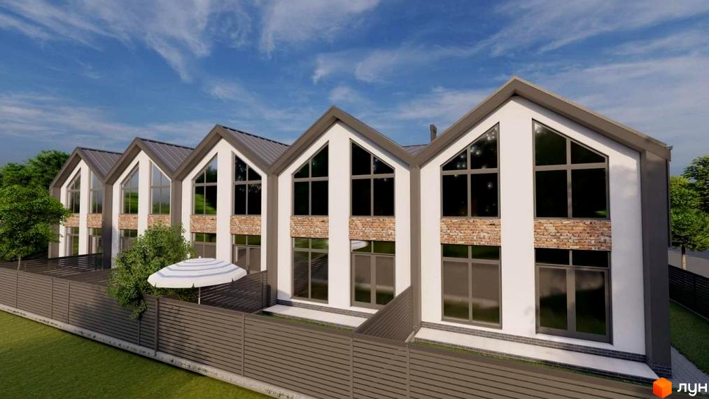 Зображення сторінки житлового комплексу Таунхаус Vasylkivska. Білі будинки з великими вікнами та цегляним декором, огороджені парканом, з парасолькою.