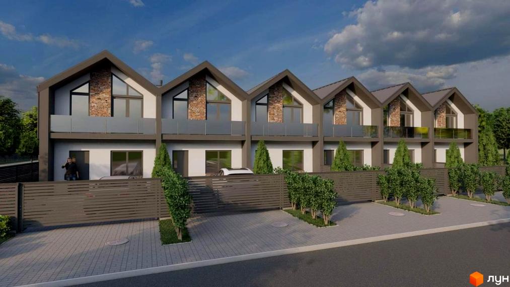 Зображення фасаду таунхаусів ЖК Vasylkivska з сірими дахами та балконами, огороджених парканом. На прибудинковій території висаджені кущі та дерева, вимощена бруківка.