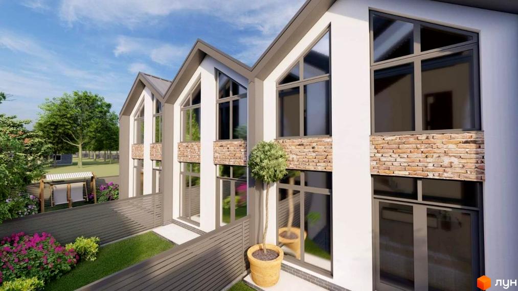 Зображення сторінки житлового комплексу. Білі будинки з великими вікнами та цегляною кладкою. На території є газон, квіти та декоративні дерева.