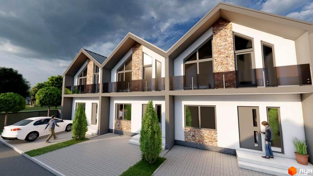 Зображення фасаду таунхаусів Vasylkivska. Білі стіни з кам'яним оздобленням, панорамні вікна, балкон з скляним огородженням, доглянута прибудинкова територія.