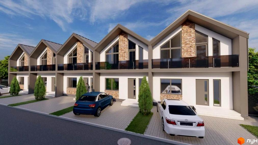 Зображення сторінки житлового комплексу Таунхаус Vasylkivska. На фото ряд будинків з панорамними вікнами, терасами та місцями для паркування.