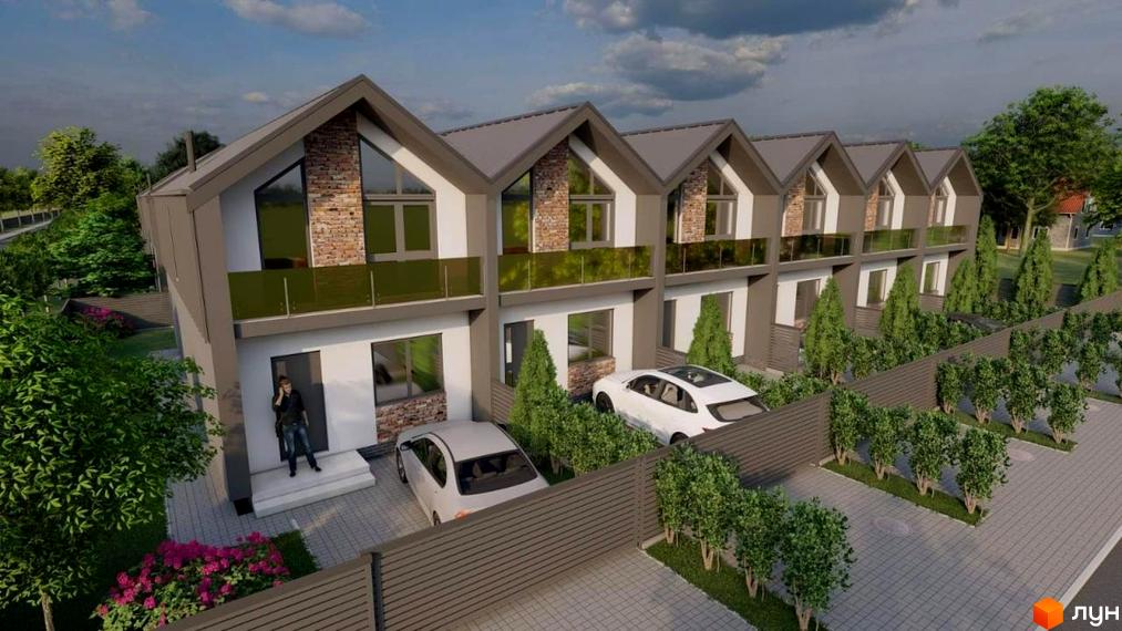 Зображення сторінки житлового комплексу Таунхаус Vasylkivska. Ряд будинків з сірими дахами, білими стінами та терасами з скляними огорожами, перед будинками парковка.