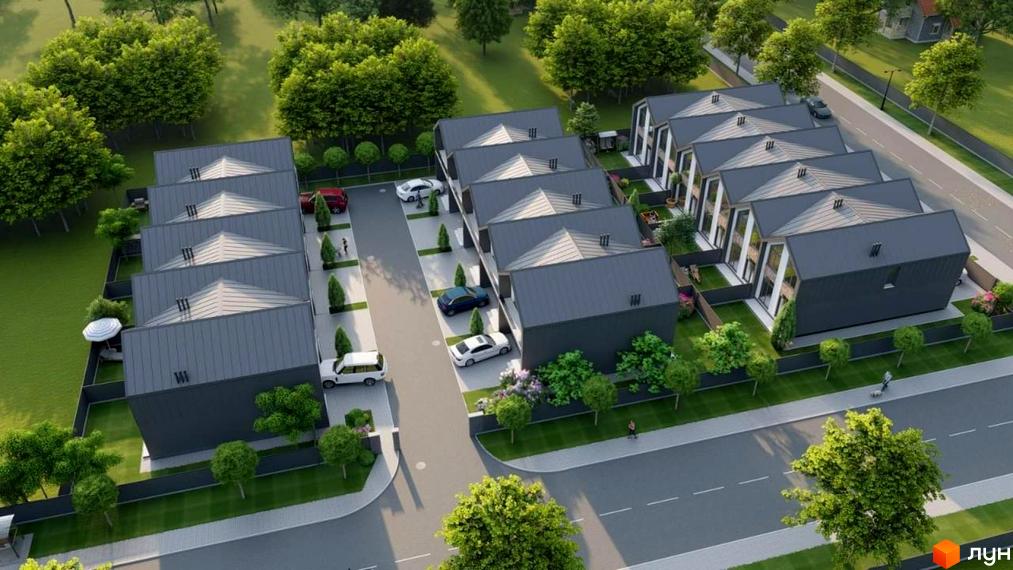 Зображення житлового комплексу таунхаусів Vasylkivska з темними дахами та фасадами, з парковкою та озелененням навколо.