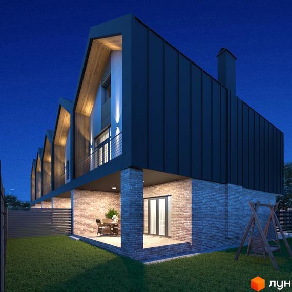 Зображення таунхаусів Riverium з двоповерховими будинками та зеленим газоном. Житловий комплекс має вигляд сучасного котеджного містечка.