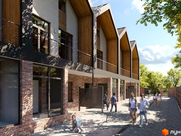 Зображення таунхаусів Riverium з фасадом з цегли та дерев'яними елементами. На передньому плані пішохідна зона з людьми.