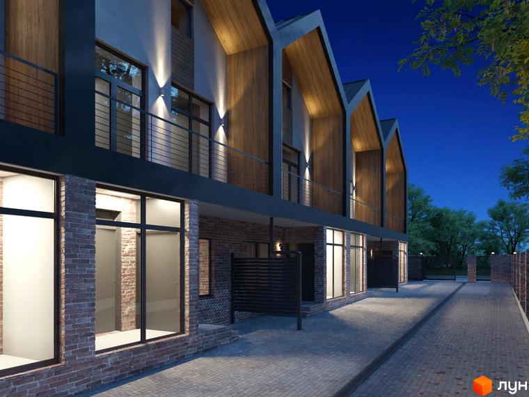 Зображення таунхаусів Riverium з фасадом з цегли та великими вікнами. Навколо будинку облаштована пішохідна зона.