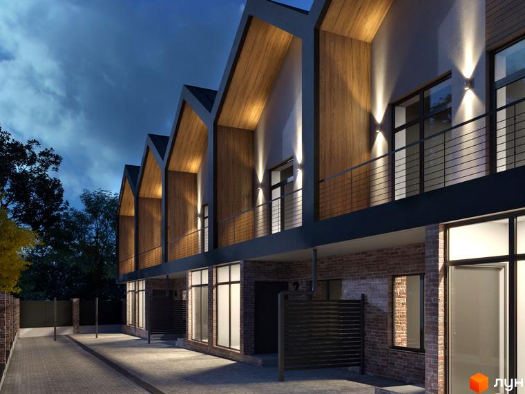 Зображення таунхаусів Riverium з дерев'яним оздобленням та великими вікнами. Вигляд на фасад будинку та прибудинкову територію.
