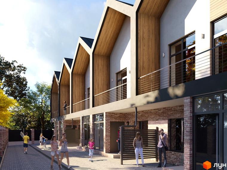 Зображення таунхаусів Riverium з фасадом з дерева та цегли. На передньому плані пішохідна зона з людьми.