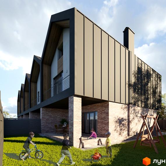Зображення таунхаусів Riverium з фасадом з металевих панелей та цегляним першим поверхом. На газоні граються діти.