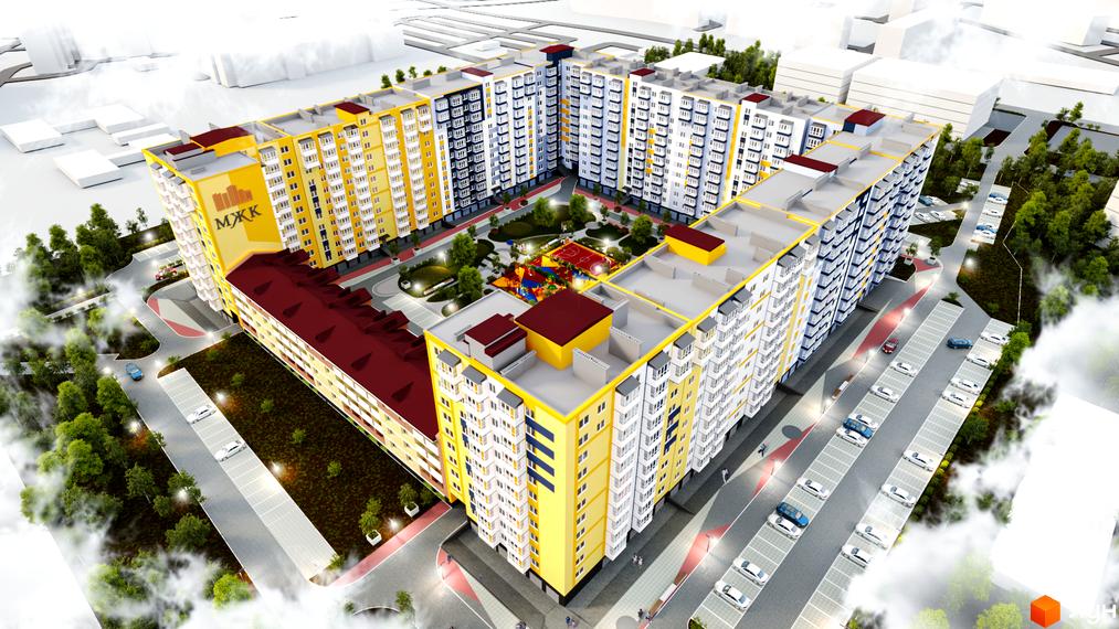 Багатосекційний житловий комплекс Сім'я з жовтими та білими фасадами. У дворі є дитячий та спортивний майданчики, зелені зони.