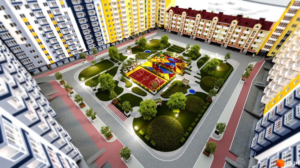 Багатоповерхові будинки Житлового комплексу Сім'я з різнокольоровими фасадами. Двір має спортмайданчик, дитячу зону та зелені насадження.