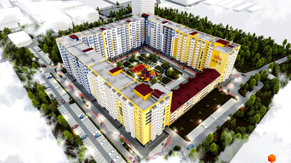 МЖК Сім'я з жовто-білими фасадами та червоними дахами. Навколо облаштована територія з парковками, зеленими насадженнями та дитячим майданчиком у дворі.