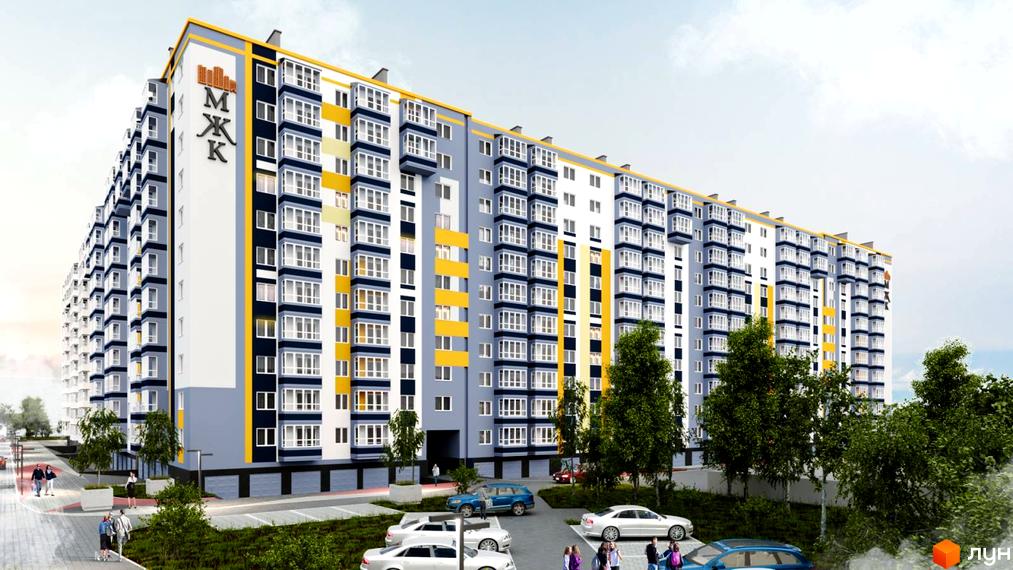 Житловий комплекс Сім'я: багатоповерхова будівля біло-сірого кольору з синіми та жовтими елементами. Навколо будинку є зелені насадження та парковка.