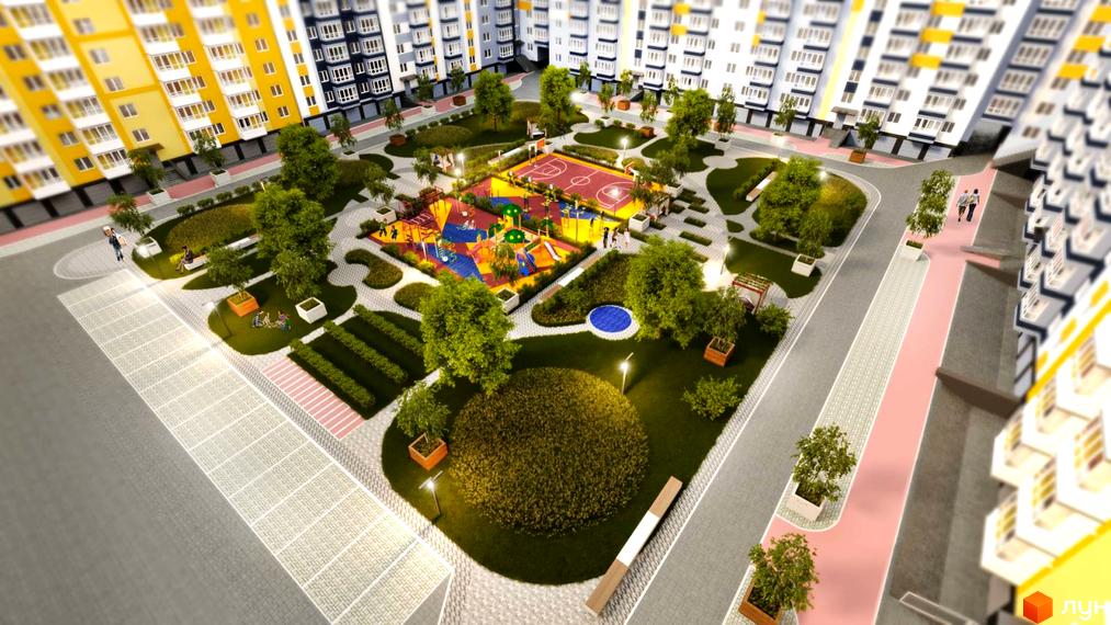 Багатоповерхові будинки МЖК Сім'я з жовтими та білими фасадами, оточені зеленим двором з дитячим майданчиком та спортивним полем.