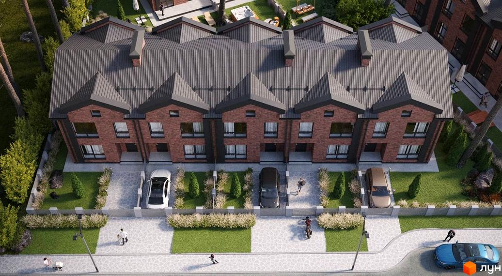 Зображення сторінки житлового комплексу BROOKLYN 2. Цегляні таунхауси з темним дахом, доглянута прибудинкова територія з газоном та парковкою.