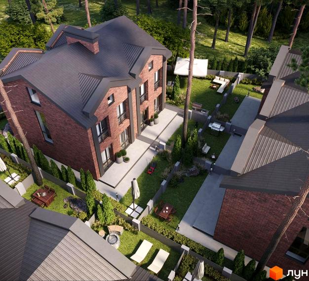 Зображення сторінки житлового комплексу Таунхауси BROOKLYN 2. Двоповерховий будинок з червоної цегли з терасою та газоном, огороджений невисоким парканом.