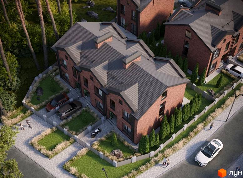Зображення таунхаусів BROOKLYN 2 з червоної цегли з сірим дахом. На території є парковка, газон та дерева.