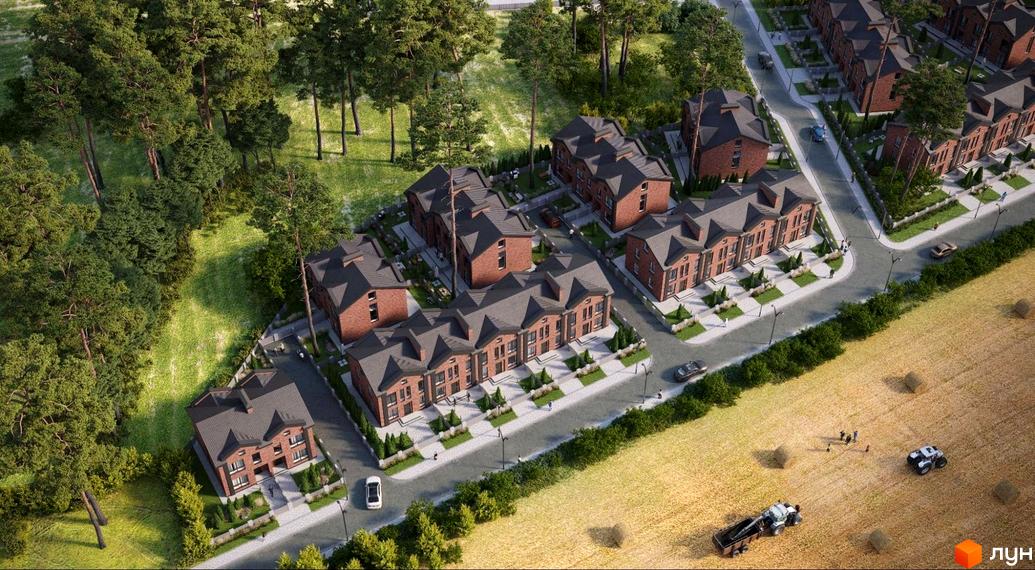 Житловий комплекс BROOKLYN 2. Цегляні будинки з темними дахами, доглянута прибудинкова територія з деревами та газонами, поруч поле з технікою.