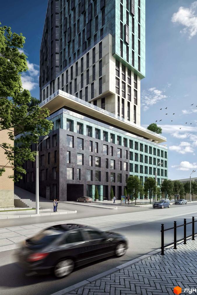 Житловий комплекс Greenville Park - сучасна архітектура та міський простір. Зовнішній вигляд новобудови з елементами скла та бетону, зелені насадження та міська вулиця.