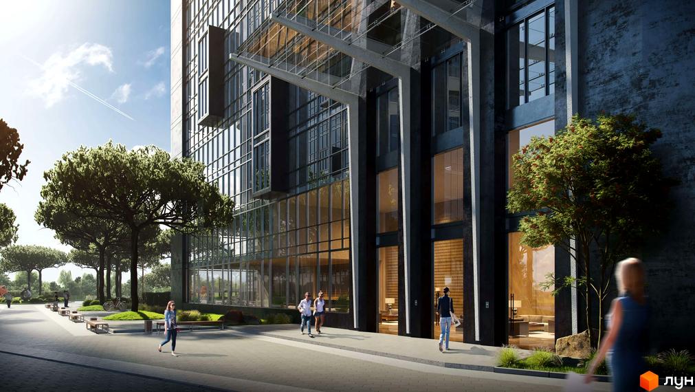 Житловий комплекс Greenville Park з фасадом з темних панелей та скляними елементами. Навколо комплексу розташовані дерева та пішохідна зона з лавками.