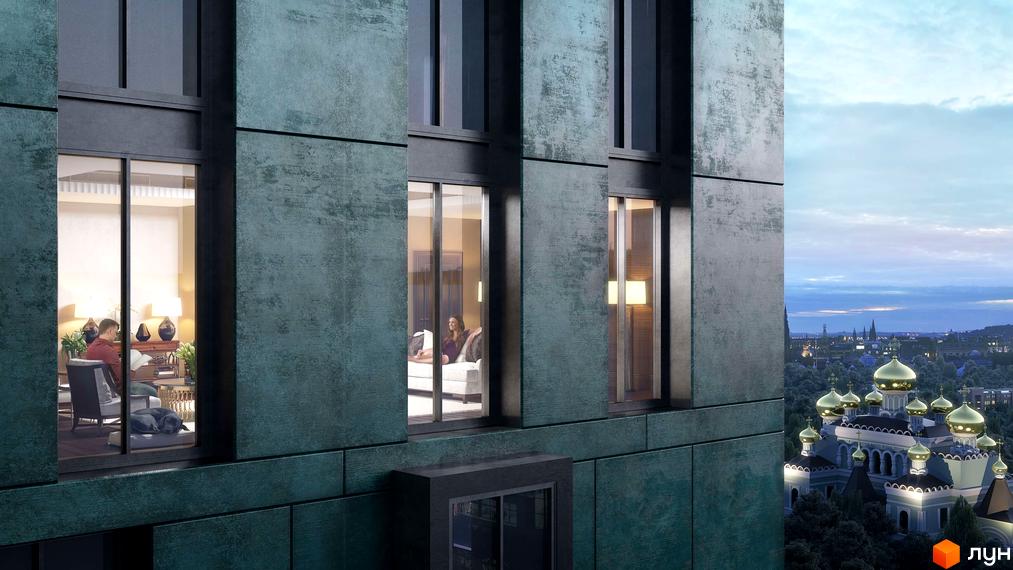 Житловий комплекс Greenville Park: фасади з текстурованими панелями та панорамними вікнами. Вид на місто з куполами церкви на заході сонця.