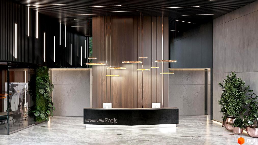 Сучасний хол житлового комплексу Greenville Park з дизайнерськими світильниками та зеленою стіною. Рецепція комплексу оформлена в темних тонах з підсвіткою.