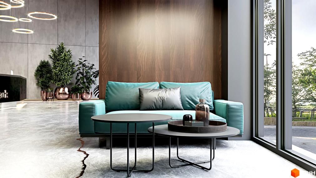 Інтер'єр вітальні в ЖК Greenville Park з бірюзовим диваном та журнальними столиками. Навколо багато зелені, що створює затишну атмосферу.