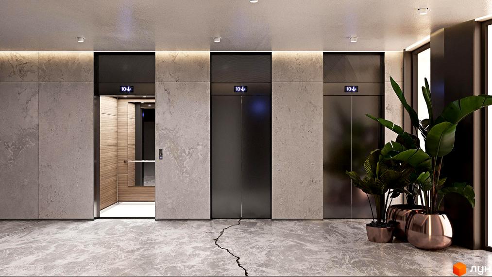 Сучасний хол з трьома ліфтами в житловому комплексі Greenville Park. Елегантний дизайн інтер'єру з мармуровою підлогою та кам'яними стінами.