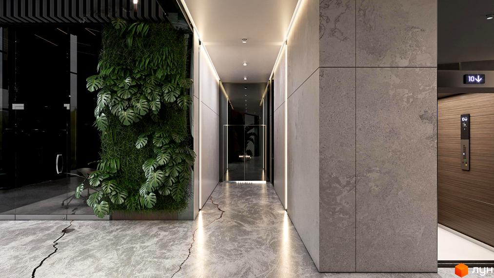 Сучасний коридор житлового комплексу Greenville Park з вертикальним озелененням та підсвіткою. Елегантний дизайн інтер'єру новобудови.