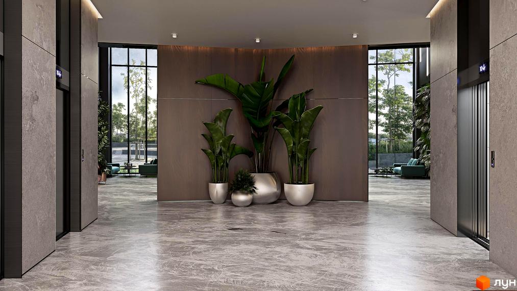 Сучасний хол житлового комплексу Greenville Park з великими вікнами та зеленими рослинами. Просторий вестибюль з ліфтами та зоною відпочинку.