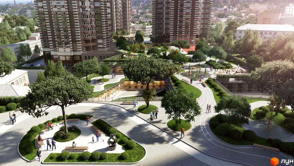 Житловий комплекс Greenville Park з високою зеленою прибудинковою територією, дитячими майданчиками та зонами відпочинку. Сучасна архітектура будинків та благоустрій території.