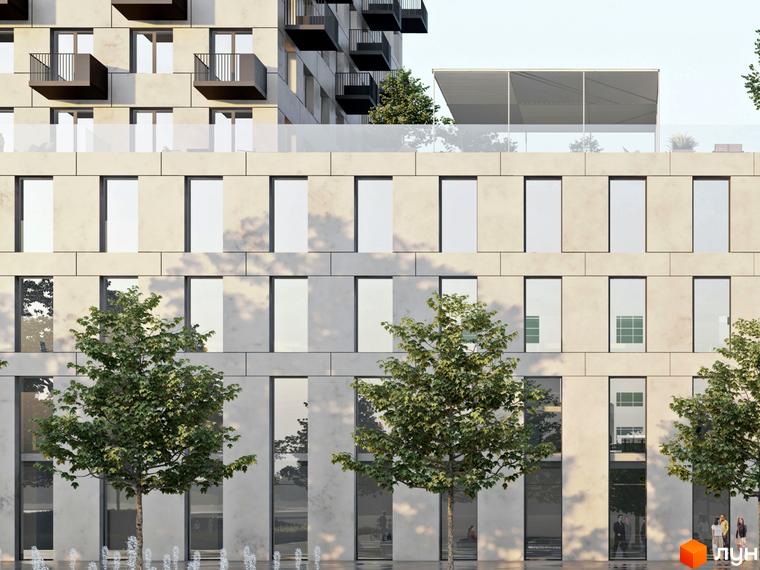 Фасад житлового комплексу SVITOGLYAD з великими вікнами та балконами, на тлі дерев та фонтанів.