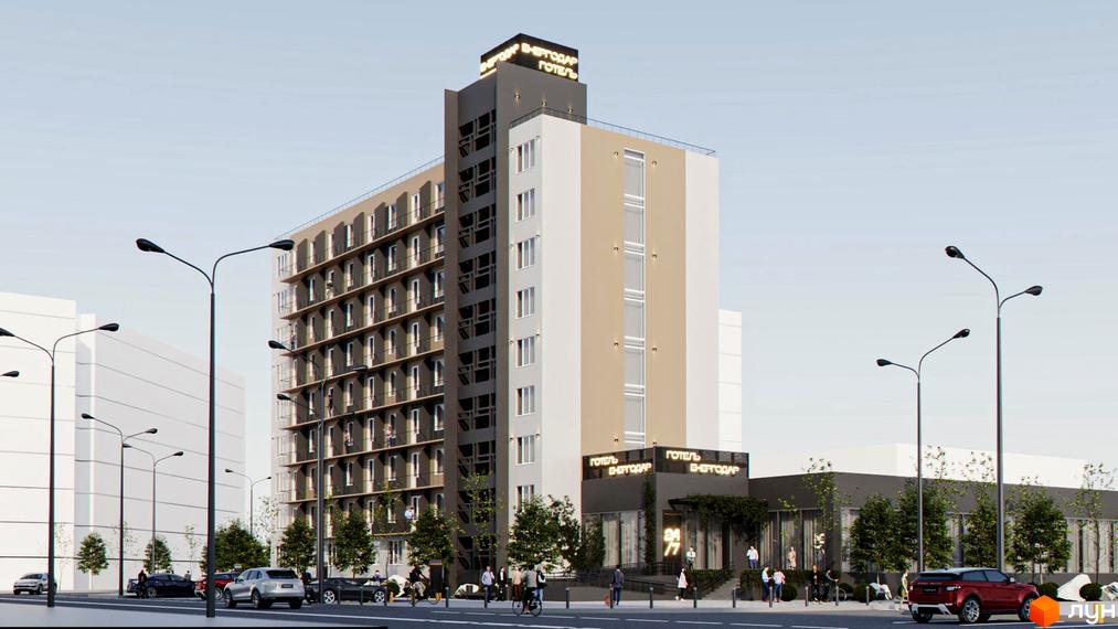 Апарт-комплекс Енергодар - це багатоповерхова новобудова з балконами та комерційними приміщеннями на першому поверсі, розташована вздовж вулиці з вуличним освітленням та деревами.